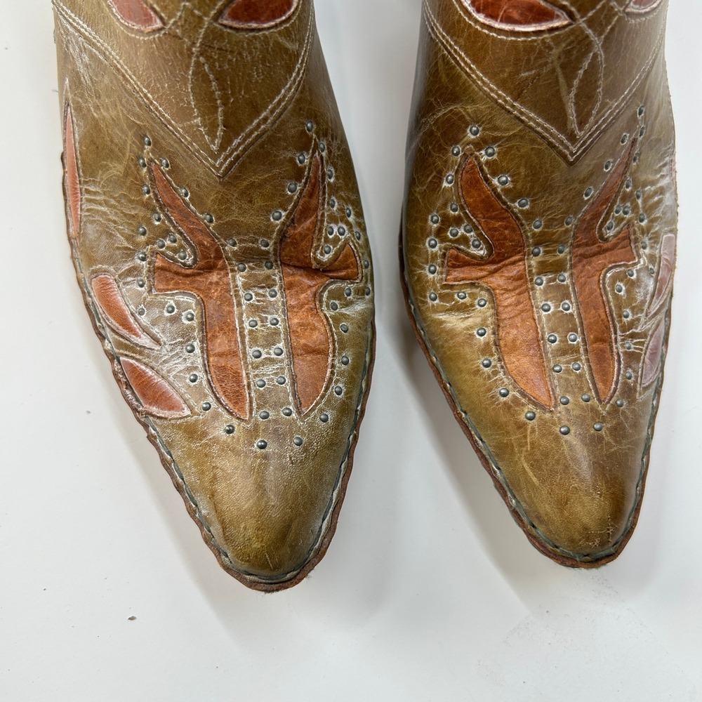 Frye Vintage Western Leather Mules Studded Pointed Toe Clogs Olive Tan 10M F403 - Picture 3 of 11